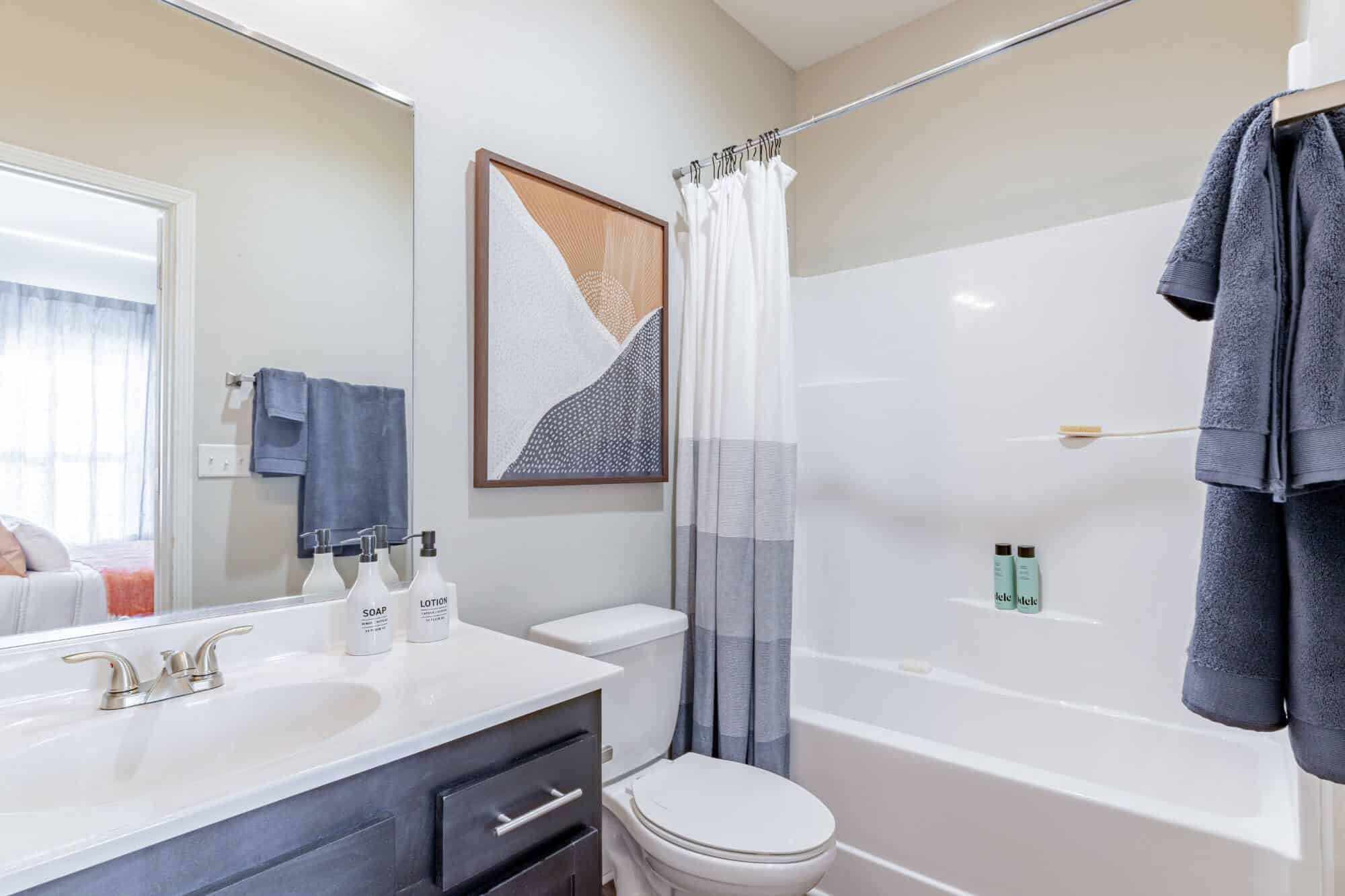 the collective at norman off campus cottage apartments near the university of oklahoma private bathroom large shower with tub granite countertop bathroom vanity